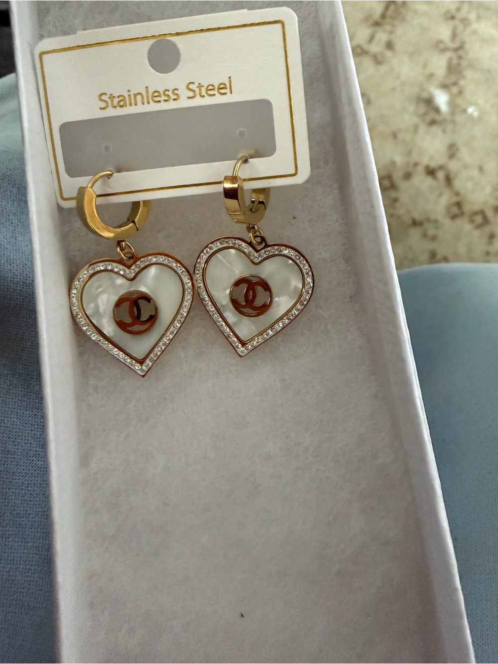 Heart Drop Earrings in Gold Tone & White NWT, Stainless, Fashion Jewelry